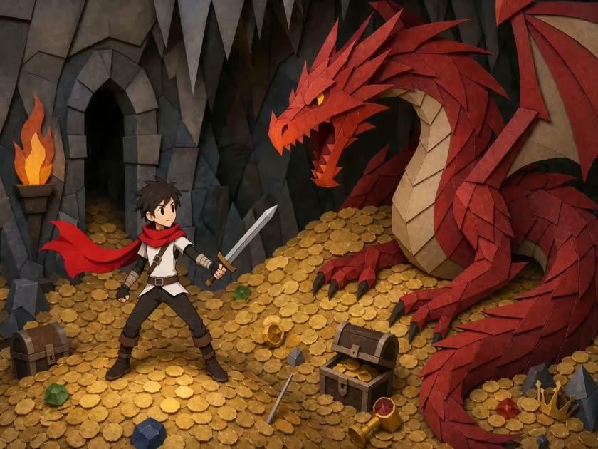 The same hero facing a dragon on a hoard of gold, in a papercraft style