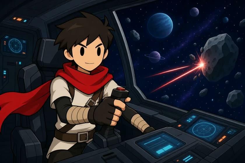 The same hero piloting a spaceship through an asteroid field