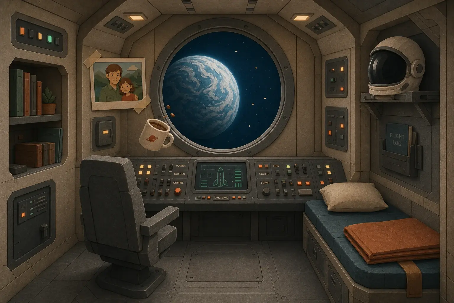 Wide shot of the spaceship cabin — the locked environment